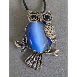 Vintage Blue Owl Pendant Necklace Silver Tone Bird Cats Eye Glass on Cord